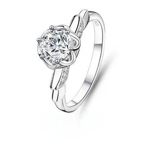 Detailed macro view of S925 sterling silver stamp and six-prong moissanite setting