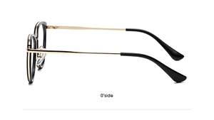 Detail view of black and gold cat-eye glasses frame with 0-degree side profile shot