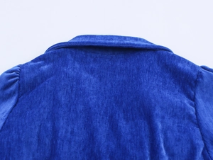 Dettaglio dell'abito in velluto blu reale con scollo posteriore e maniche a sbuffo