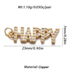 Macro shot of gold-plated copper HAPPY pendant with measurements and material details