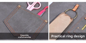 Detail of gray canvas apron showing orange stitching, metal rivets and tool hanging ring