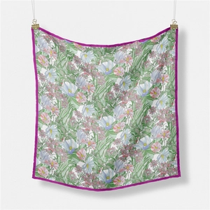 Elegant floral print square silk scarf for women featuring pink and blue flower patterns
