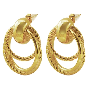 Gold double hoop earrings with twisted rope design and polished finish on white background
