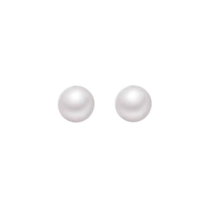 Minimalist spherical pearl stud earrings with polished white luster on white background