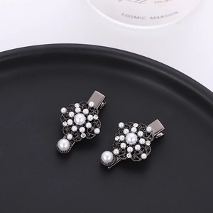Baroque retro flower hair clips with white pearls and rhinestones on black metal frame