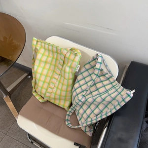 Plaid Cotton Canvas Tote Bag Women Artistic Korean Style Crossbody Shoulder Handbag For Students School Daily Shopping