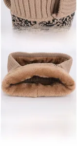 Detailed view of winter knitted neck warmer with thick warm fleece lining in khaki