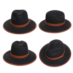 Detail view of black straw fedora with brown leather belt trim from four different angles