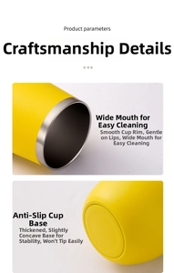 Detail of bright yellow 12oz stainless steel tumbler with wide mouth and non-slip bottom