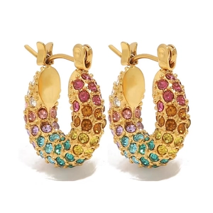 Chic 18K gold plated hoop earrings featuring vibrant rainbow micro-pave crystals