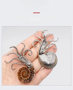 Macro view of octopus tentacles on natural ammonite shell pendant with vintage silver finish