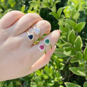 18K gold plated heart shaped zircon ring set in white black emerald and ruby colors