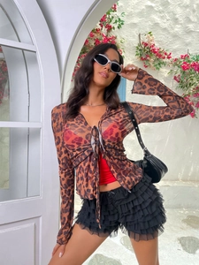Chic leopard print mesh sheer cardigan with front tie detail for summer fashion look