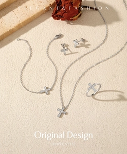 Detailed set of silver S925 moissanite cross necklace, bracelet, earrings and ring