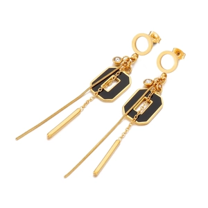 Boucles Oreilles Longues Pendantes Gland Pour Femmes Acier Inoxydable Émail Noir Octogone Géométrique Strass Bijoux Mode