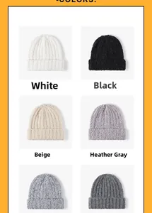 Various colors of thick knitted winter beanies including white, black, beige, and purple