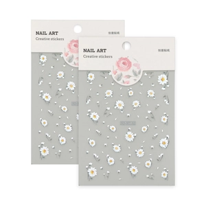 5D embossed white daisy nail art stickers with relief texture and 3D floral designs
