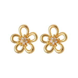 Elegant gold flower stud earrings with zircon crystals on a clean white background