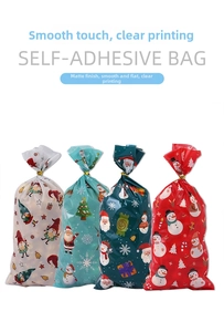 Close-up of matte plastic Christmas gift bags with Santa and snowman patterns