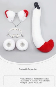 Detail of red and white plush fox cosplay set with cat ears headband and fluffy tail