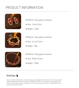 Detailed specifications of vintage red floral jewelry set with dimensions and materials