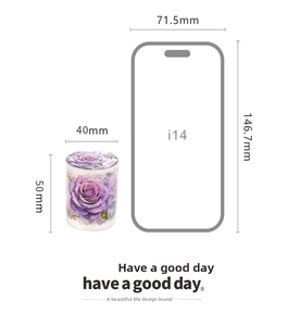 Detailed size comparison of purple floral PET tape showing 50mm height next to a phone