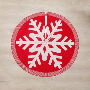 Gonna per albero di Natale in maglia rossa 120cm con fiocchi di neve bianchi e lacci