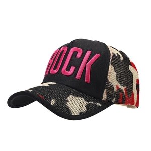 Mesh baseball cap with ROCK embroidery and breathable camo netting in outdoor style
