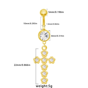 Piercing de nombril doré en acier avec croix en cristal et détails des dimensions