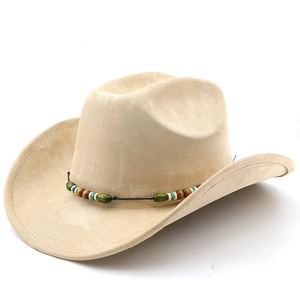 Detail of western cowboy hat with suede texture and ethnic beaded decorative band