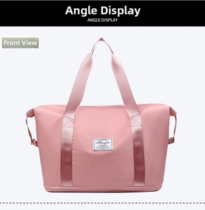 Front view of large capacity pink sports gym bag with wet dry separation design