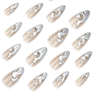 French style 3D silver almond fake nails with rhinestones and fluid metal pattern