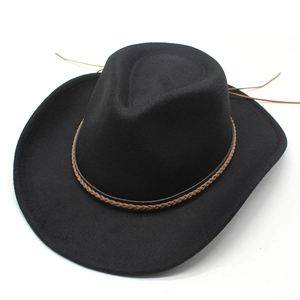 Detail of black felt fedora crown with braided brown leather band and adjustable cord