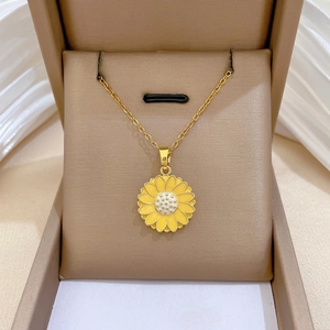 Sunflower Pendant Necklace Stainless Steel Chain Copper Rhinestone Enamel Daisy Jewelry For Women Gold Plated Floral