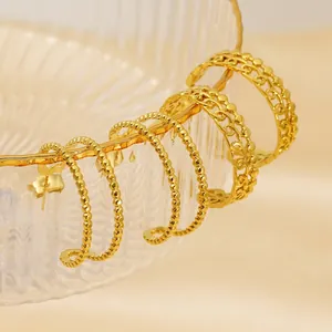 Tarnish Resistant C Shaped Hoop Earrings Stainless Steel Gold Plated Double Layer Hollow Chain Bead Texture Jewelry Women