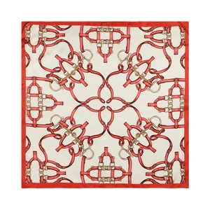 Beige silk square scarf with red borders featuring gold equestrian chain and belt motifs