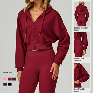 Women's zip-up hooded sweatshirt set with high-waist sports leggings in five colors