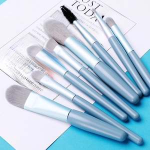 Set of 8 soft professional makeup brushes with blue-grey handles and gradient bristles