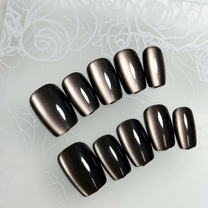 Set of 10 handmade dark brown cat eye press-on nails in minimalist square-oval shape