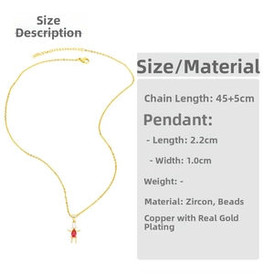 Size chart for gold pendant necklace with red zircon and pearl showing chain measurements