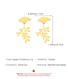 Detailed specs of gold leaf drop earrings made of copper featuring weight and size dimensions