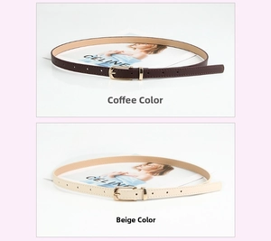 Detail view of coffee and beige slim leather belts with elegant golden needle buckles
