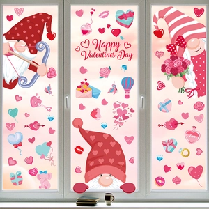 Valentine's Day window stickers featuring gnomes and heart balloons for home decoration