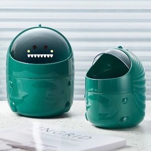 Cute green dinosaur mini desktop trash can with lid open and closed for office