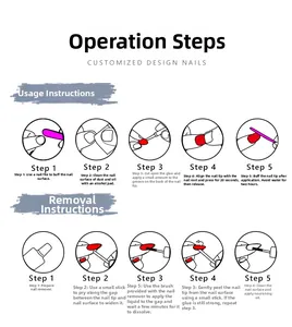 Detailed step-by-step application and removal guide for almond-shaped press-on nails