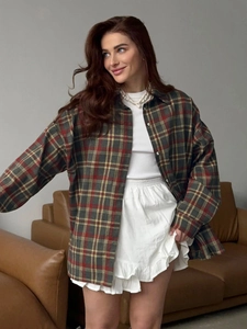 Oversized plaid button-up shirt in olive green and burgundy with vintage-style lapels