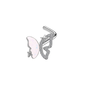 L-shaped silver butterfly nose stud with pink fire opal and sparkling zircon accents