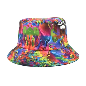 Close-up of psychedelic rainbow graffiti print fisherman hat with reinforced stitching