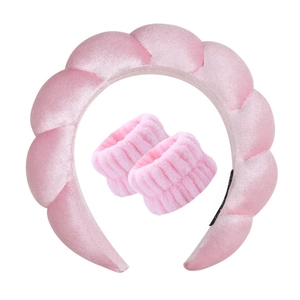 Detailed set of pink velvet braided headband and matching soft towel wristbands for face washing