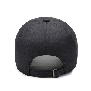 Rear view of dark grey canvas baseball cap with adjustable metal buckle and textured fabric